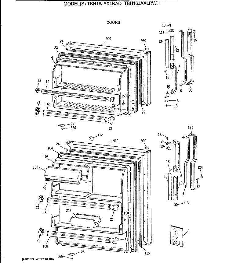 DOORS Diagram and Parts List for TBH16JAXLRAD  General Electric Refrigerator