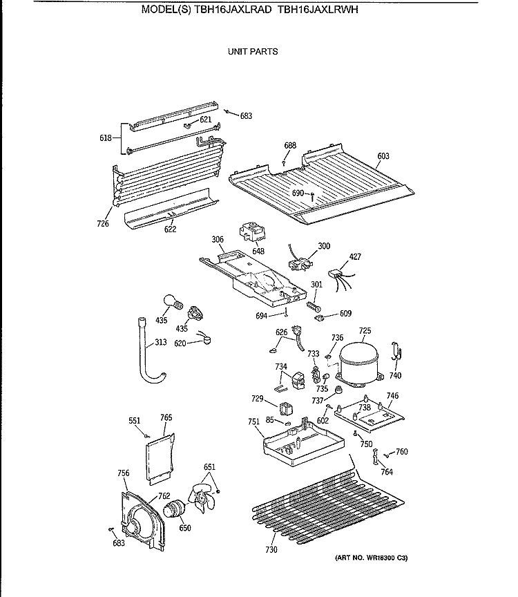 UNIT PARTS Diagram and Parts List for TBH16JAXLRAD  General Electric Refrigerator