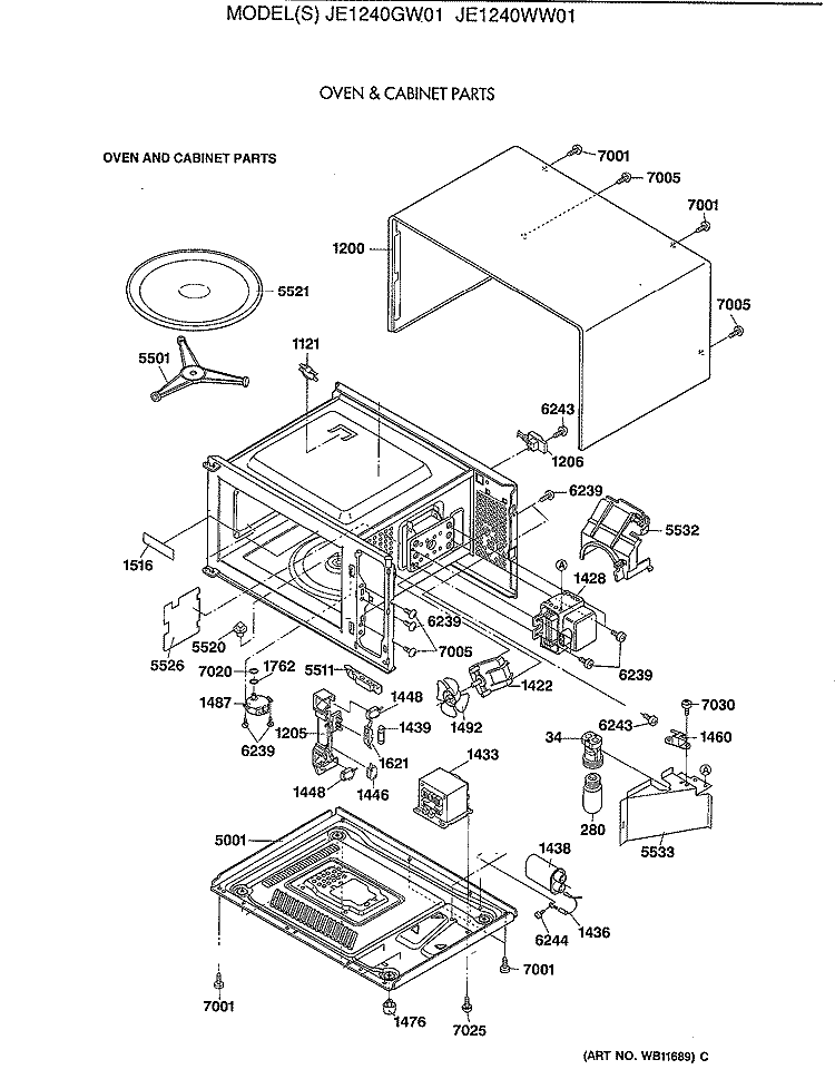 OVEN & CABINET PARTS Diagram and Parts List for JE1240GW01  General Electric Microwave