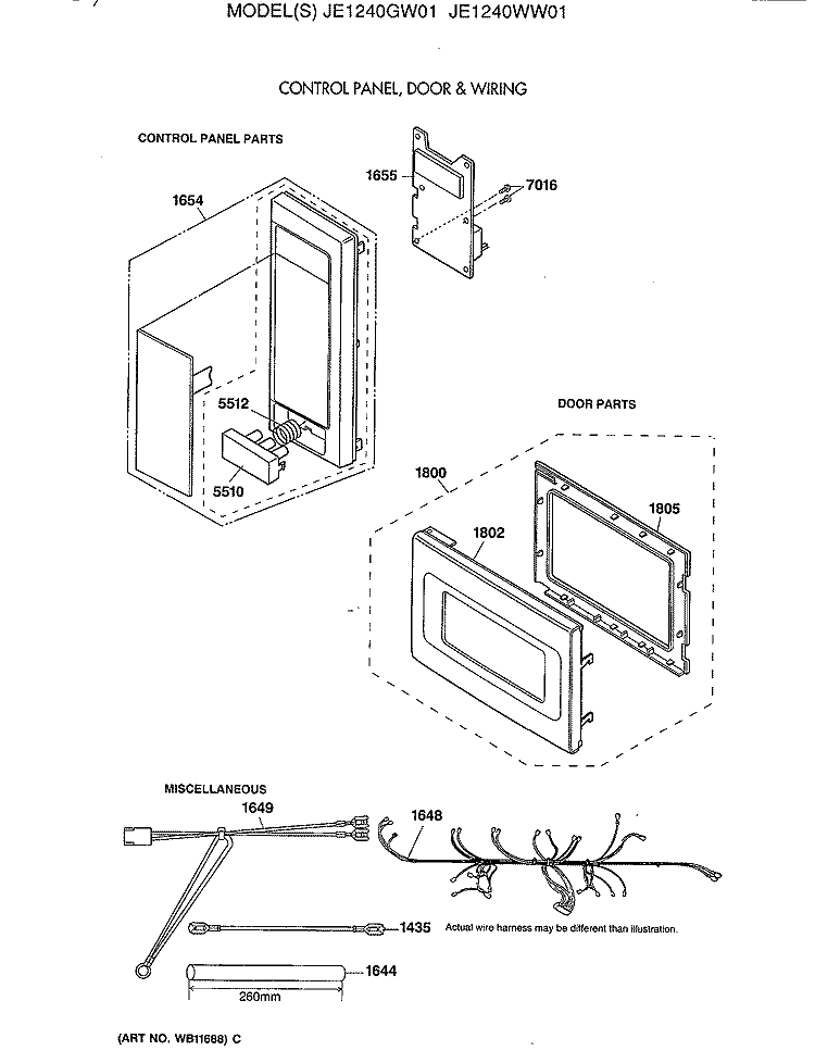 CONTROL PANEL, DOOR & WIRING Diagram and Parts List for JE1240GW01  General Electric Microwave