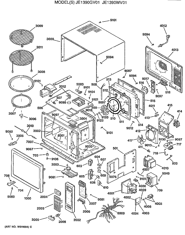 Section Diagram and Parts List for JE1390WV01  General Electric Microwave