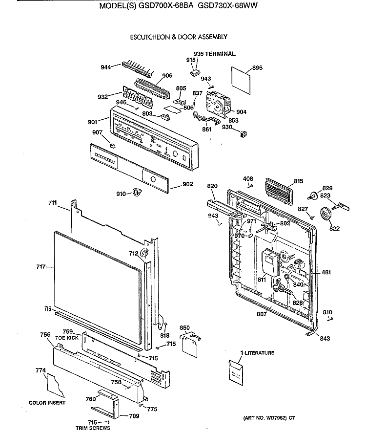 ESCUTCHEON & DOOR ASSEMBLY Diagram and Parts List for GSD720X-68WB  General Electric Dishwasher