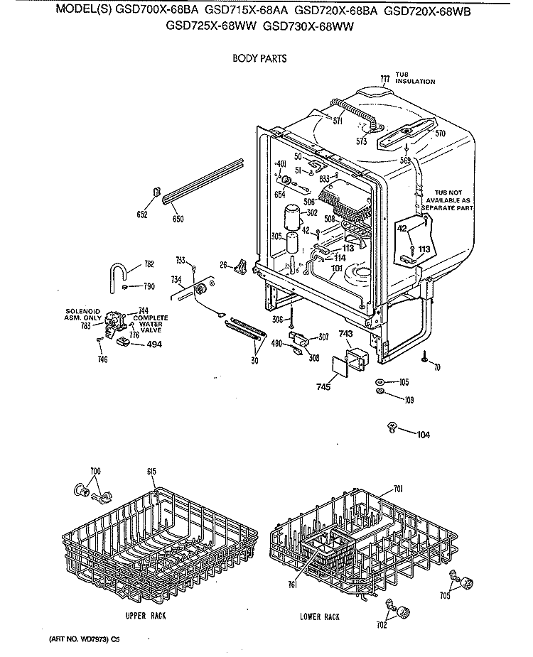 BODY PARTS Diagram and Parts List for GSD720X-68WB  General Electric Dishwasher