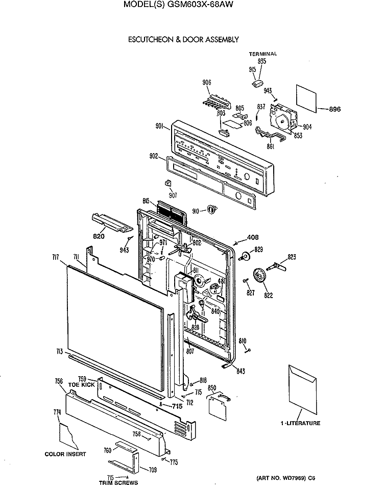 ESCUTCHEON & DOOR ASSEMBLY Diagram and Parts List for GSM603X-68AW  General Electric Dishwasher