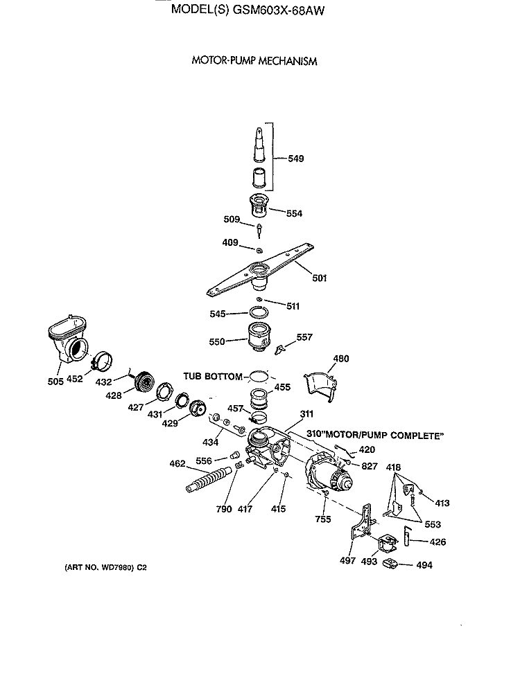 MOTOR - PUMP MECHANISM Diagram and Parts List for GSM603X-68AW  General Electric Dishwasher