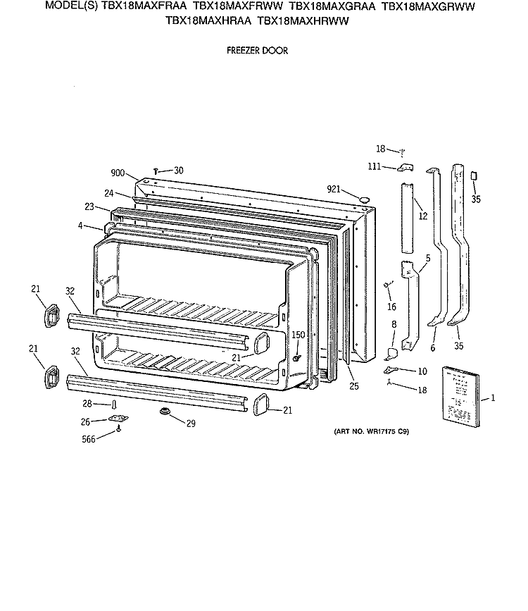 FREEZER DOOR Diagram and Parts List for TBX18MAXHRAA  General Electric Refrigerator
