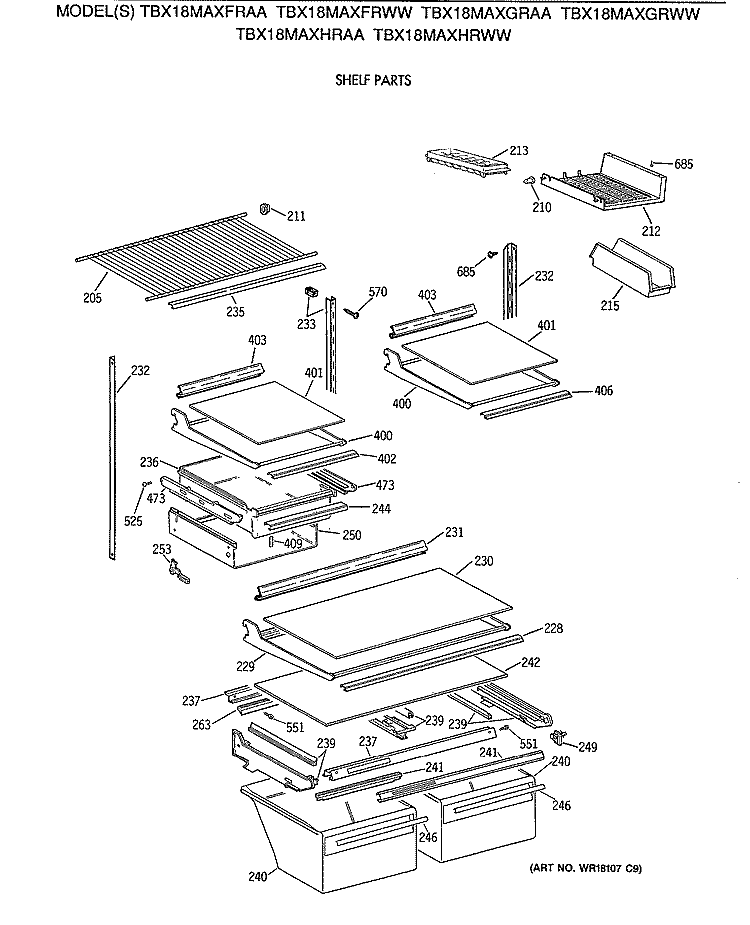 SHELF PARTS Diagram and Parts List for TBX18MAXHRAA  General Electric Refrigerator