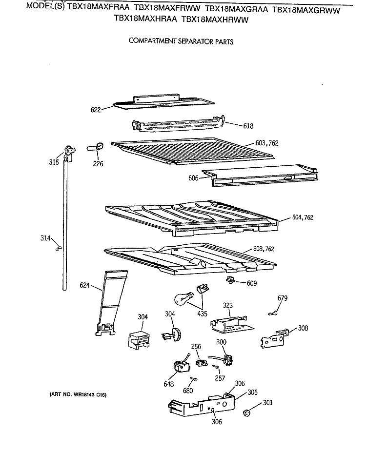 COMPARTMENT SEPARATOR PARTS Diagram and Parts List for TBX18MAXHRAA  General Electric Refrigerator