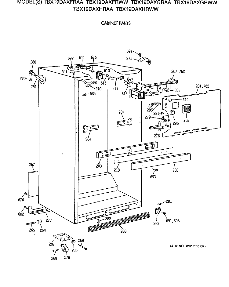 CABINET PARTS Diagram and Parts List for TBX19DAXFRAA  General Electric Refrigerator