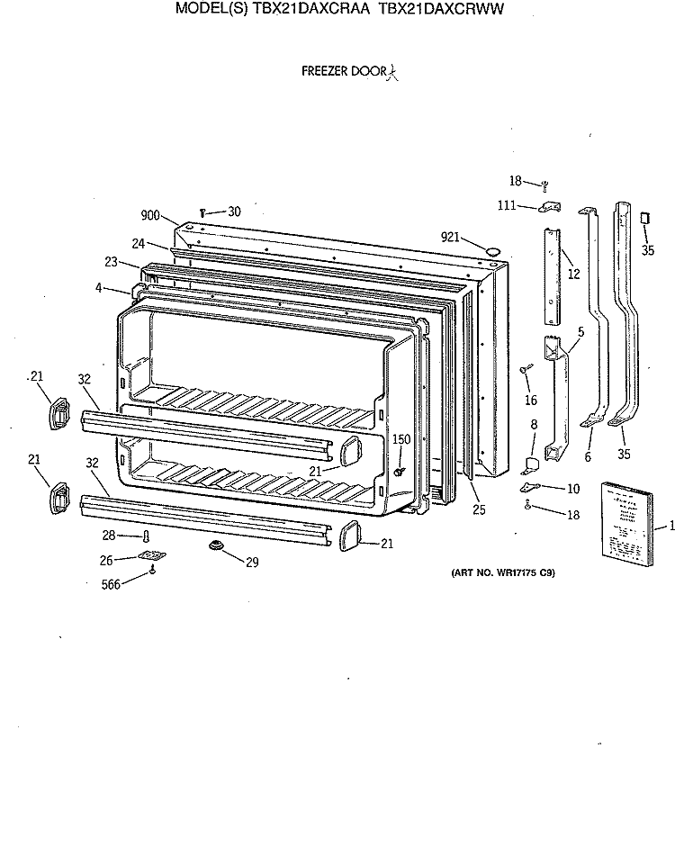 FREEZER DOOR Diagram and Parts List for TBX21DAXCRAA  General Electric Refrigerator