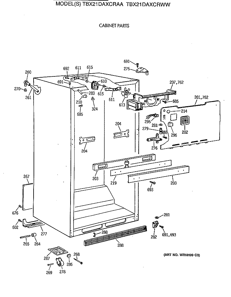 CABINET PARTS Diagram and Parts List for TBX21DAXCRAA  General Electric Refrigerator