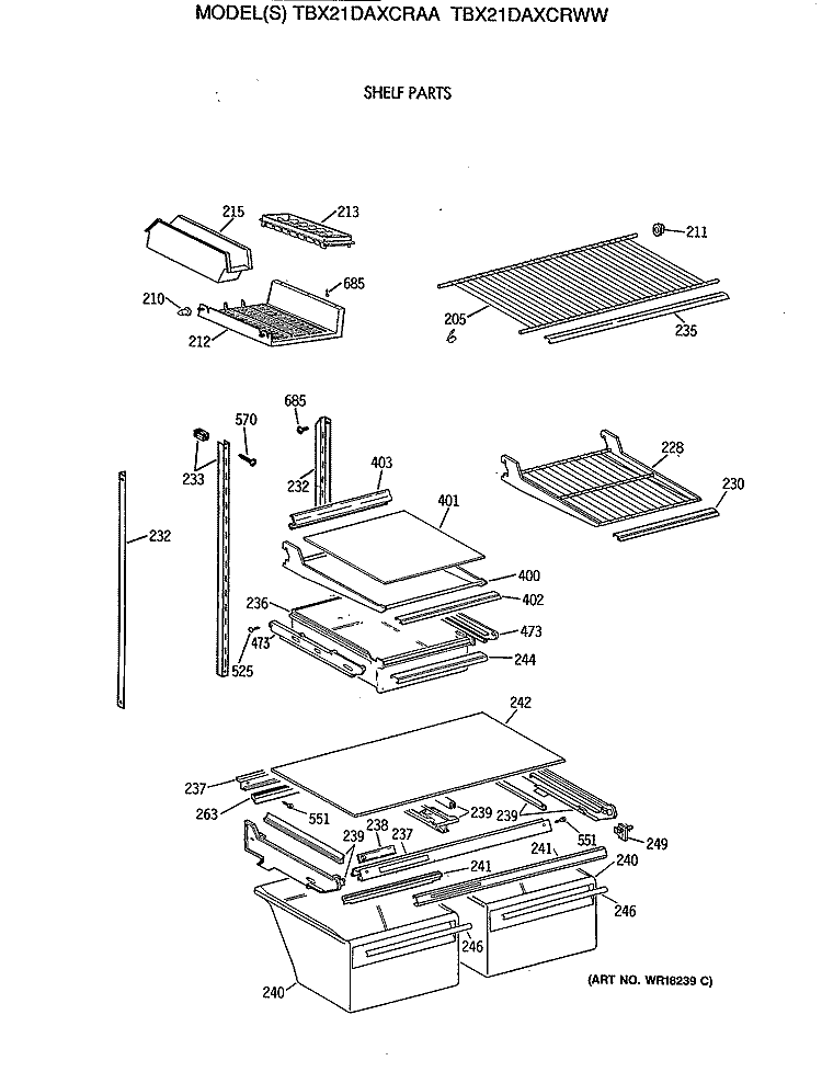 SHELF PARTS Diagram and Parts List for TBX21DAXCRAA  General Electric Refrigerator