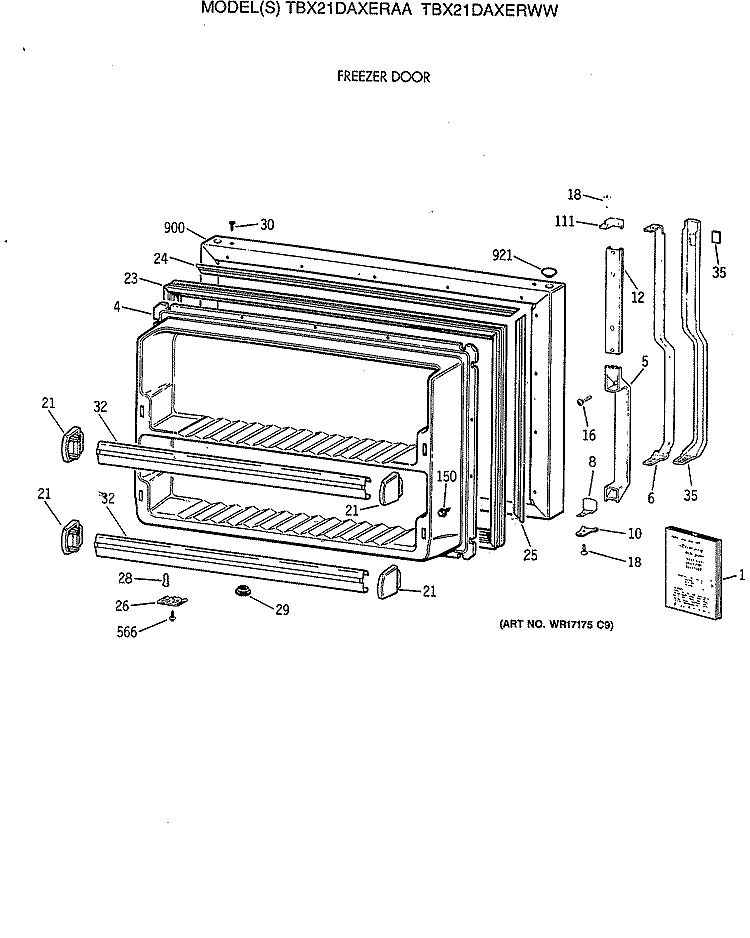 FREEZER DOOR Diagram and Parts List for TBX21DAXERAA  General Electric Refrigerator