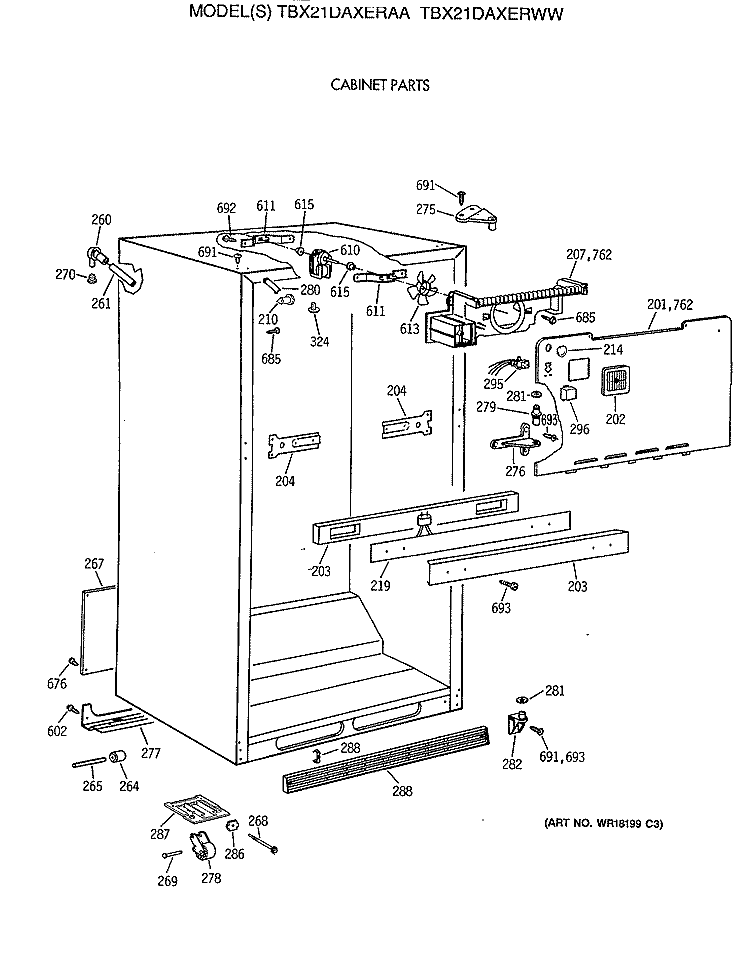 CABINET PARTS Diagram and Parts List for TBX21DAXERAA  General Electric Refrigerator