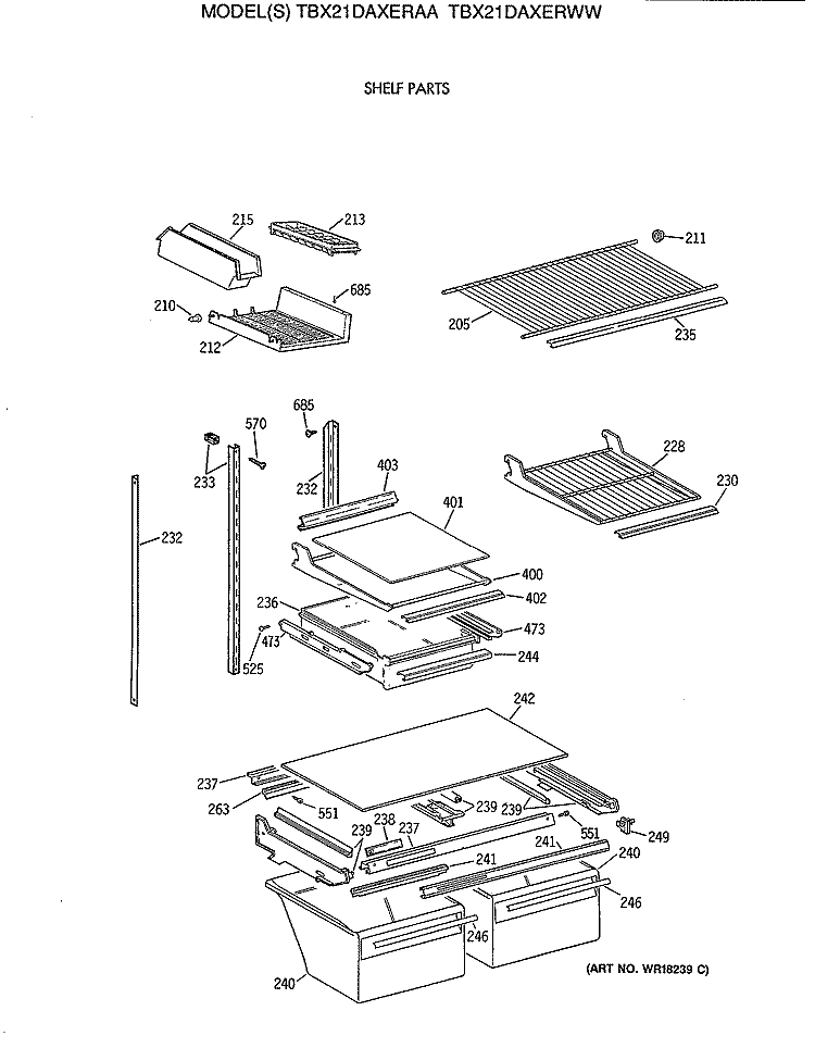 SHELF PARTS Diagram and Parts List for TBX21DAXERAA  General Electric Refrigerator