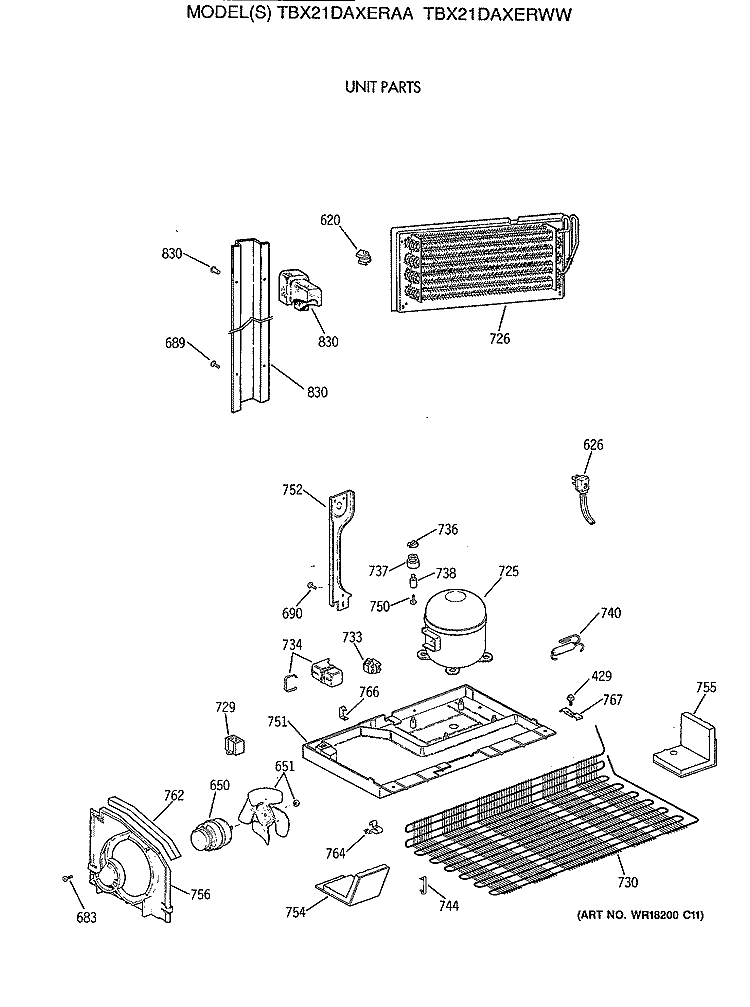 UNIT PARTS Diagram and Parts List for TBX21DAXERAA  General Electric Refrigerator
