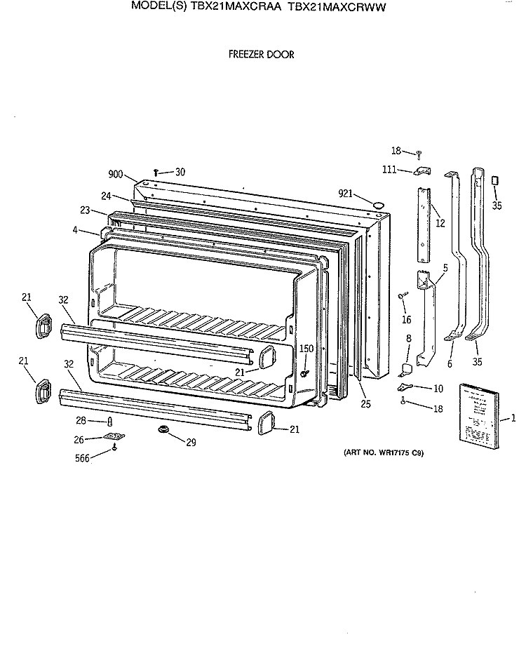 FREEZER DOOR Diagram and Parts List for TBX21MAXCRWW  General Electric Refrigerator