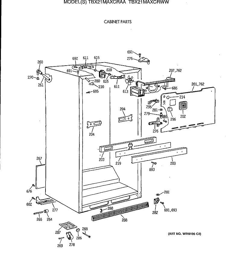 CABINET PARTS Diagram and Parts List for TBX21MAXCRWW  General Electric Refrigerator