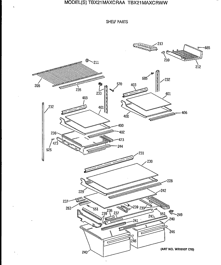 SHELF PARTS Diagram and Parts List for TBX21MAXCRWW  General Electric Refrigerator