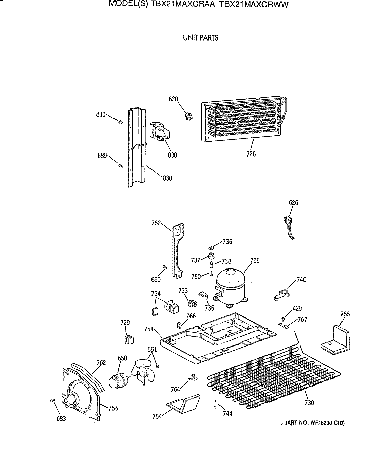UNIT PARTS Diagram and Parts List for TBX21MAXCRWW  General Electric Refrigerator
