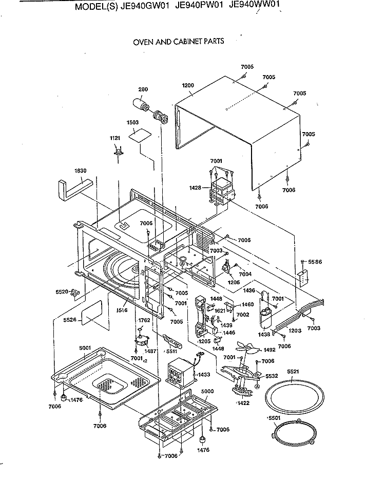 OVEN AND CABINET PARTS Diagram and Parts List for JE940GW01  General Electric Microwave