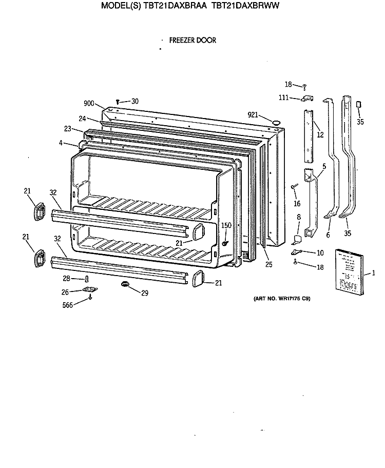 FREEZER DOOR Diagram and Parts List for TBT21DAXBRAA  General Electric Refrigerator