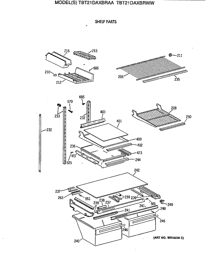 SHELF PARTS Diagram and Parts List for TBT21DAXBRAA  General Electric Refrigerator