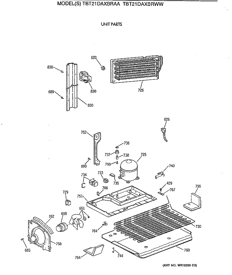 UNIT PARTS Diagram and Parts List for TBT21DAXBRAA  General Electric Refrigerator