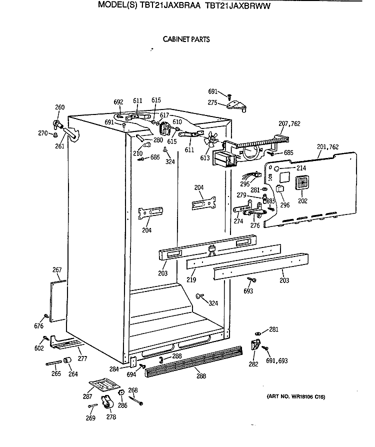 CABINET PARTS Diagram and Parts List for TBT21JAXBRWW  General Electric Refrigerator