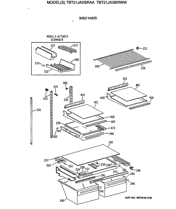 SHELF PARTS Diagram and Parts List for TBT21JAXBRWW  General Electric Refrigerator