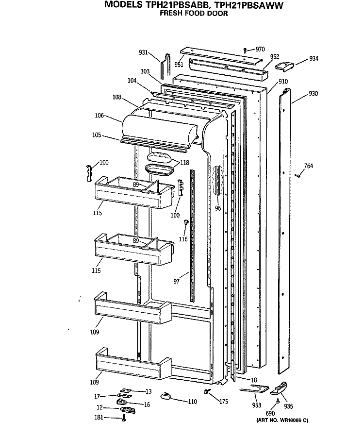 FRESH FOOD DOOR Diagram and Parts List for TPH21PBSABB  General Electric Refrigerator