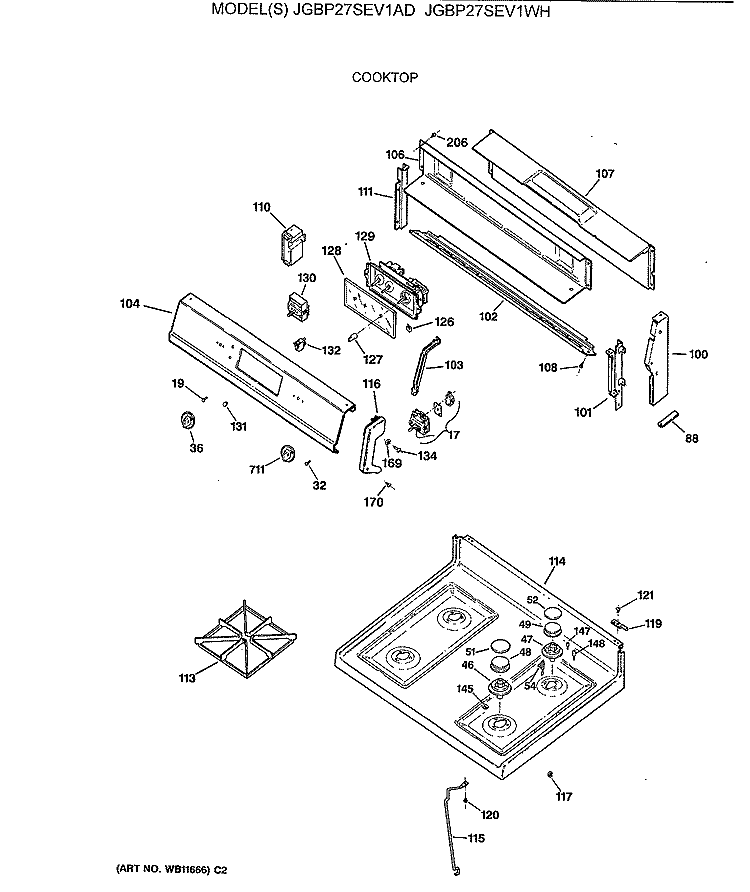 COOKTOP Diagram and Parts List for JGBP27SEV1AD  General Electric Range