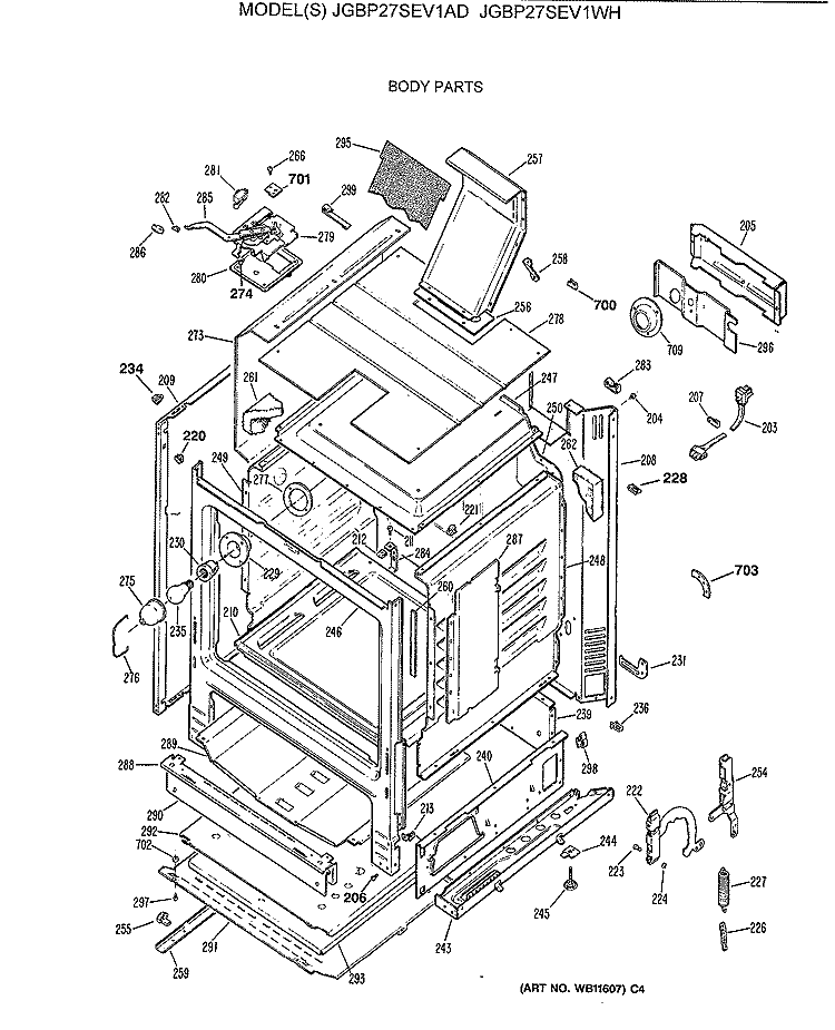 BODY PARTS Diagram and Parts List for JGBP27SEV1AD  General Electric Range
