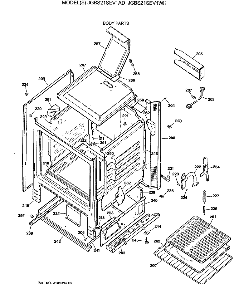 BODY PARTS Diagram and Parts List for JGBS21SEV1WH  General Electric Range