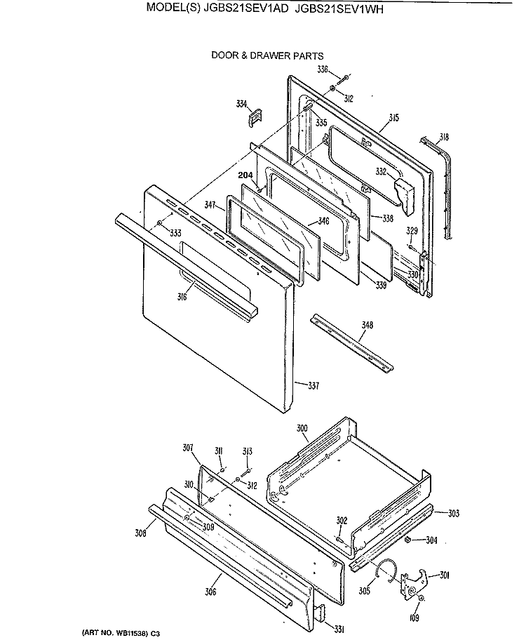 DOOR & DRAWER PARTS Diagram and Parts List for JGBS21SEV1WH  General Electric Range
