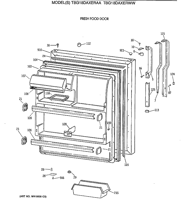 FRESH FOOD DOOR Diagram and Parts List for TBG18DAXERWW  General Electric Refrigerator