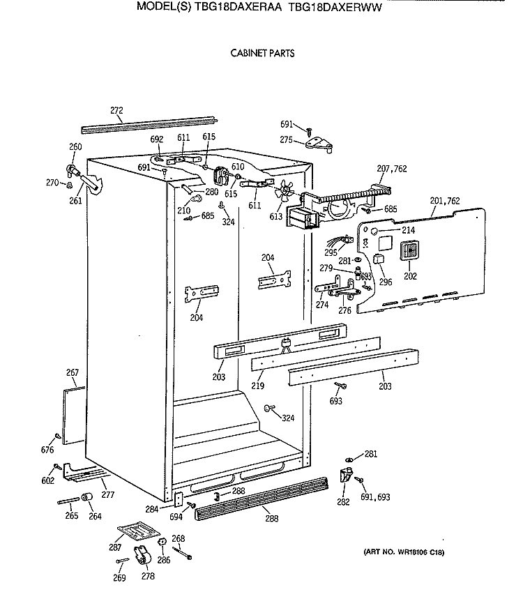 CABINET PARTS Diagram and Parts List for TBG18DAXERWW  General Electric Refrigerator