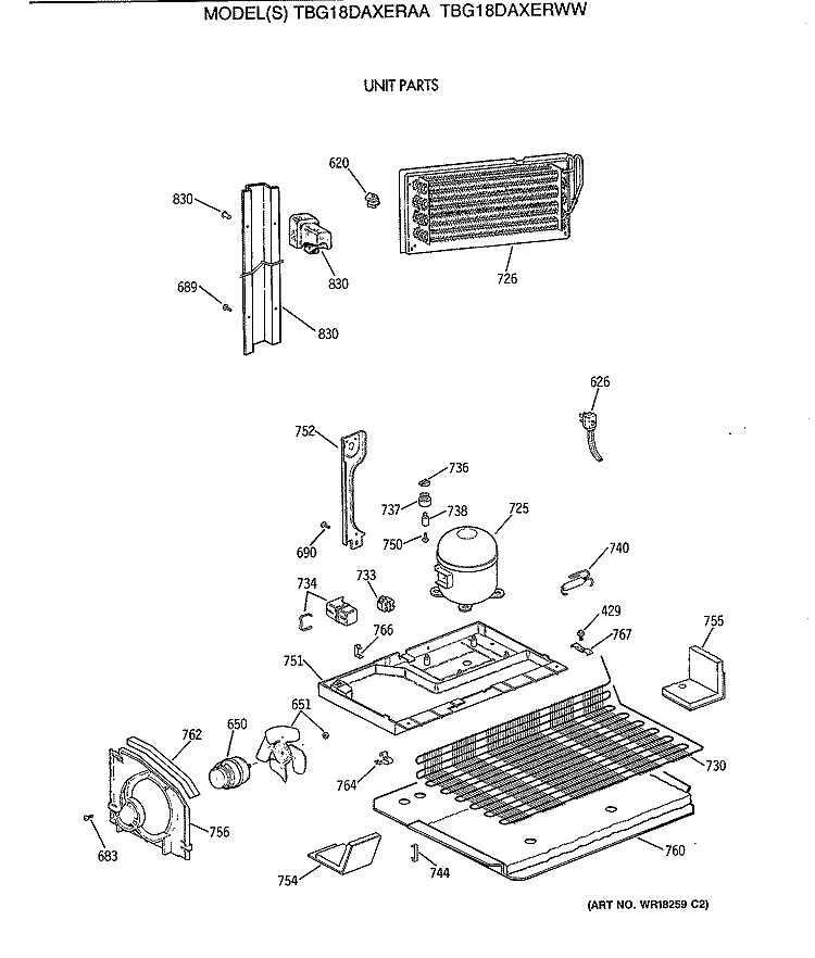 UNIT PARTS Diagram and Parts List for TBG18DAXERWW  General Electric Refrigerator