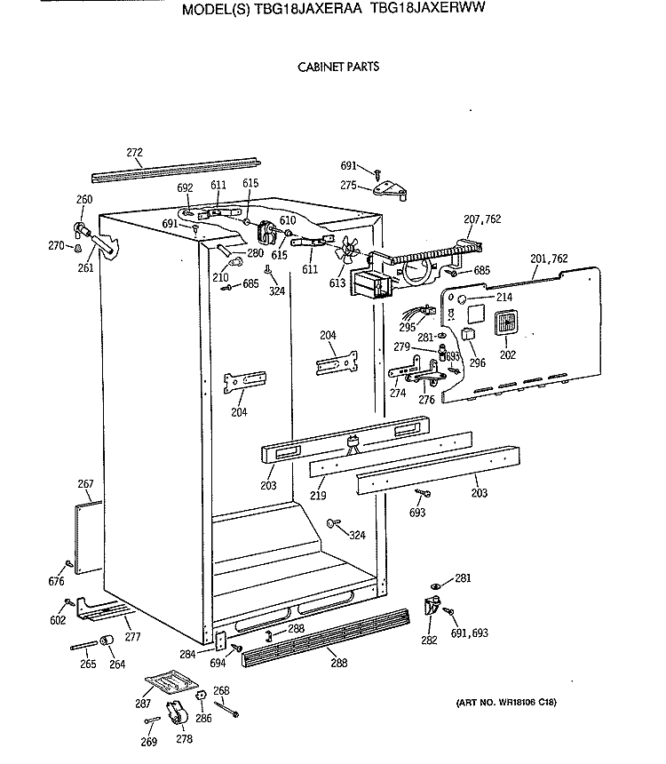 CABINET PARTS Diagram and Parts List for TBG18JAXERAA  General Electric Refrigerator