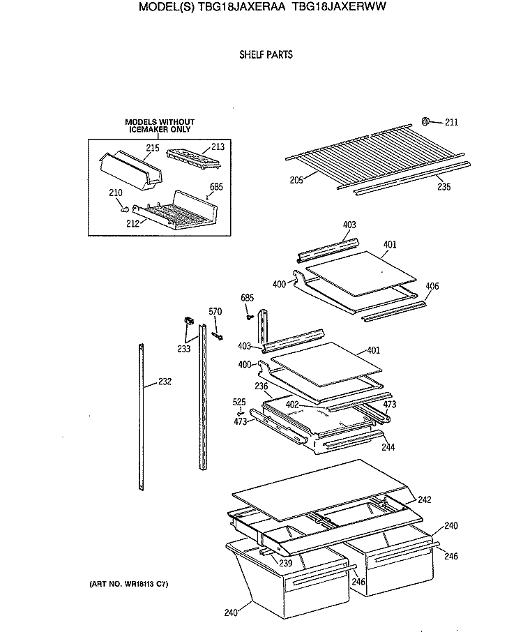 SHELF PARTS Diagram and Parts List for TBG18JAXERAA  General Electric Refrigerator