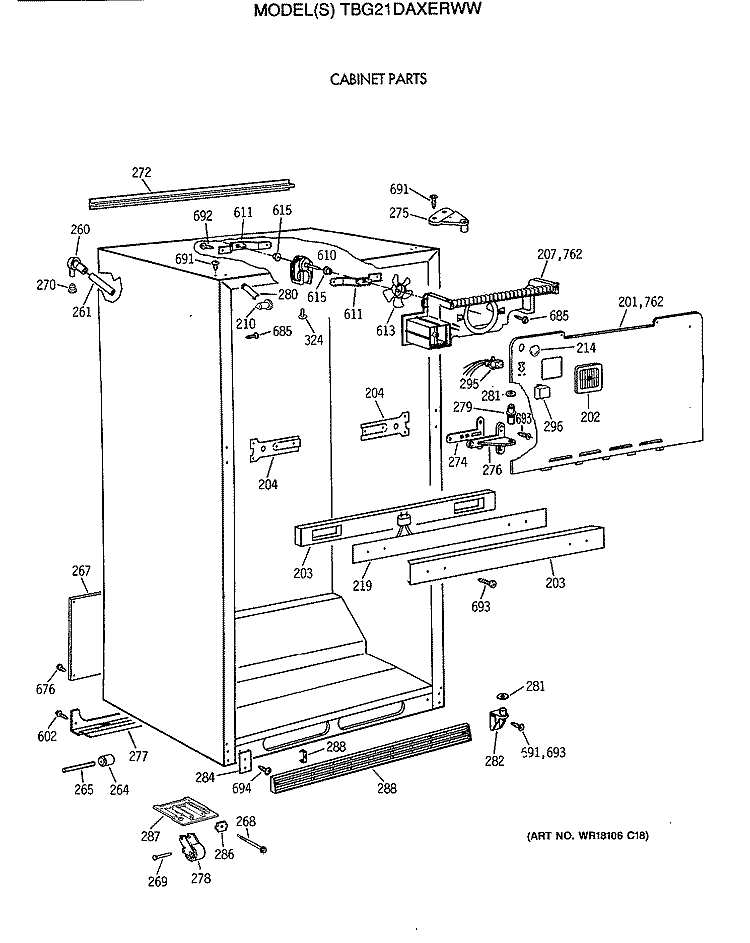 CABINET PARTS Diagram and Parts List for TBG21DAXERWW  General Electric Refrigerator