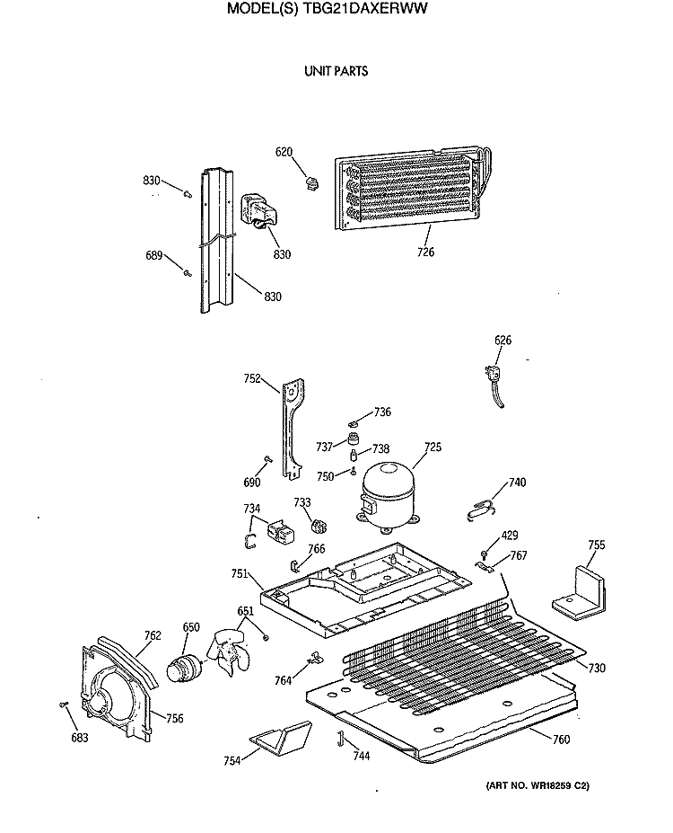 UNIT PARTS Diagram and Parts List for TBG21DAXERWW  General Electric Refrigerator