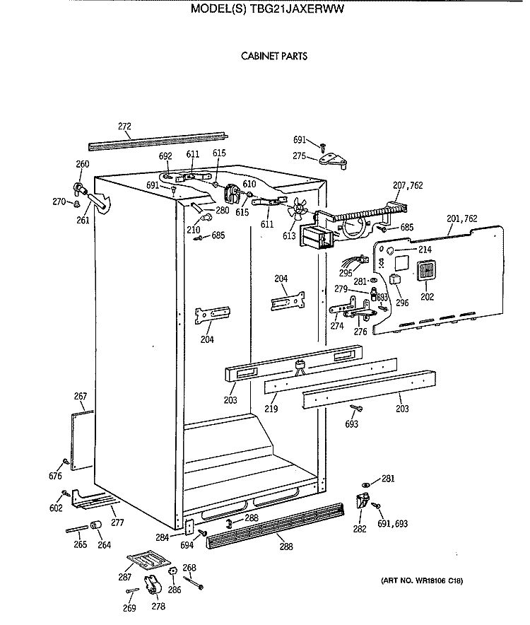CABINET PARTS Diagram and Parts List for TBG21JAXERWW  General Electric Refrigerator