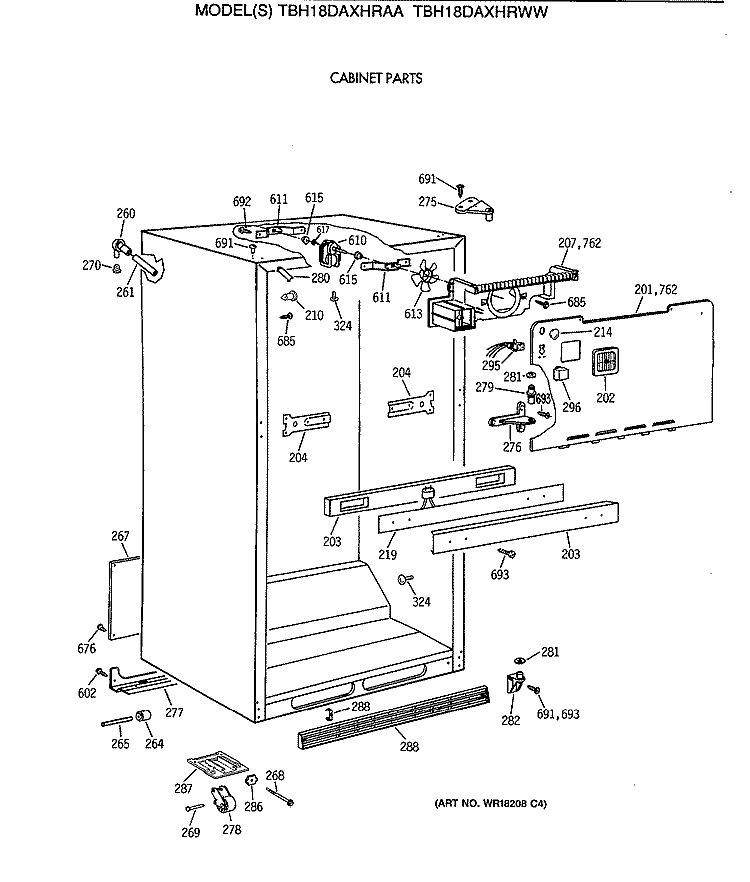 CABINET PARTS Diagram and Parts List for TBH18DAXHRWW  General Electric Refrigerator