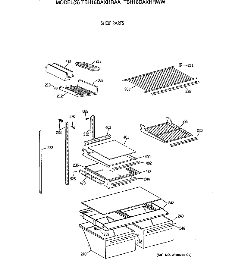 SHELF PARTS Diagram and Parts List for TBH18DAXHRWW  General Electric Refrigerator