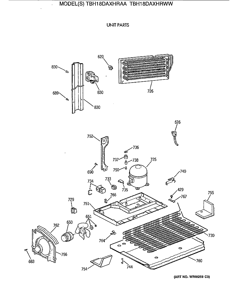 UNIT PARTS Diagram and Parts List for TBH18DAXHRWW  General Electric Refrigerator