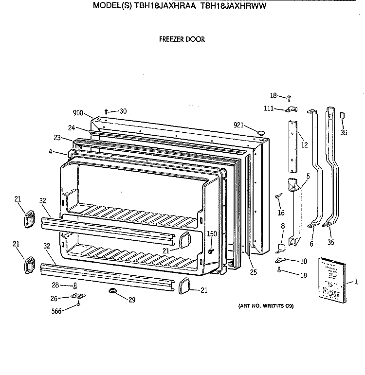 FREEZER DOOR Diagram and Parts List for TBH18JAXHRWW  General Electric Refrigerator