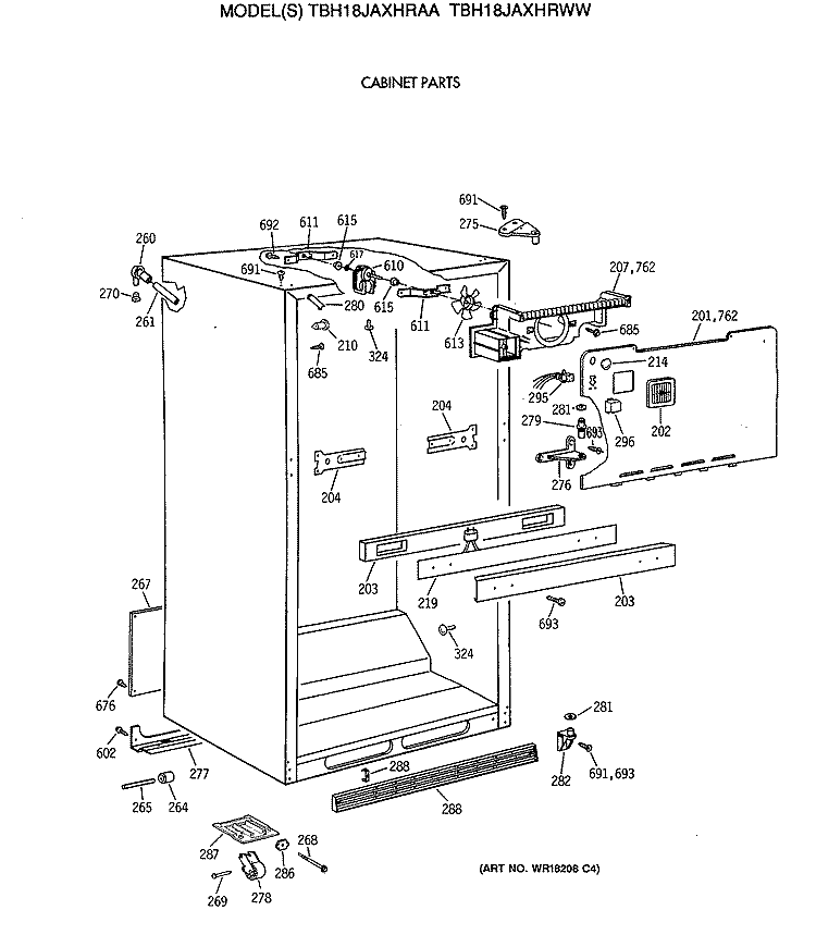 CABINET PARTS Diagram and Parts List for TBH18JAXHRWW  General Electric Refrigerator
