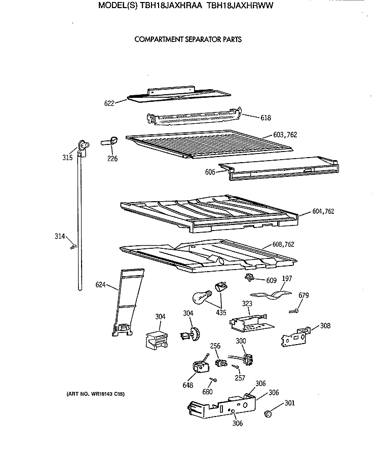 COMPARTMENT SEPARATOR PARTS Diagram and Parts List for TBH18JAXHRWW  General Electric Refrigerator