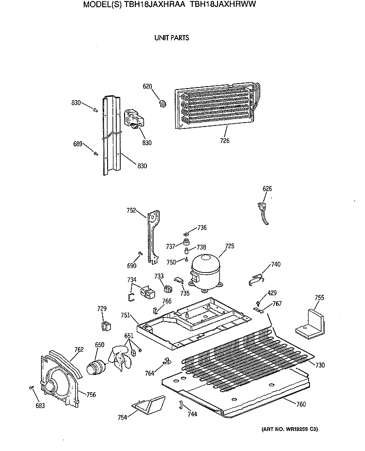 UNIT PARTS Diagram and Parts List for TBH18JAXHRWW  General Electric Refrigerator